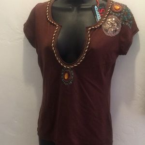 New Spy zone exchange embellished brown top Med